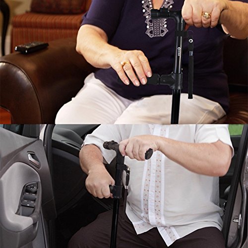 Muleta Plegable con Dos Manijas, Ligero Muleta Ajustable para Caminar con Estable Base de Cuatro Patas y LED Linterna para Adultos Ancianos Hombre y Mujer (Dos Manijas)