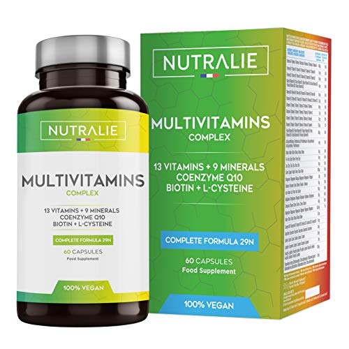 Multivitaminas y Minerales 29 Nutrientes Esenciales | Complejo Multivitaminico Vegano con Vitaminas A, B, C, D, E, K, Biotina, L-cisteína, Coenzima Q10 y 9 Minerales | 60 Cápsulas Veganas Nutralie