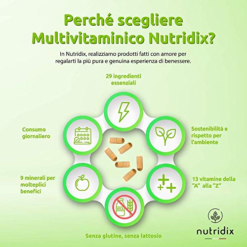 Multivitaminas y Minerales - Complejo Multivitamínico con 29 Nutrientes Esenciales con 13 Vitaminas y 9 Minerales - Energía, Cansancio y Defensas para Hombre y Mujer - 60 cápsulas Nutridix