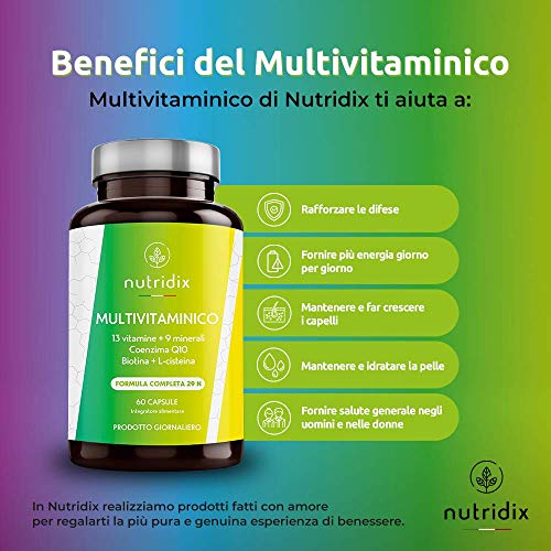 Multivitaminas y Minerales - Complejo Multivitamínico con 29 Nutrientes Esenciales con 13 Vitaminas y 9 Minerales - Energía, Cansancio y Defensas para Hombre y Mujer - 60 cápsulas Nutridix