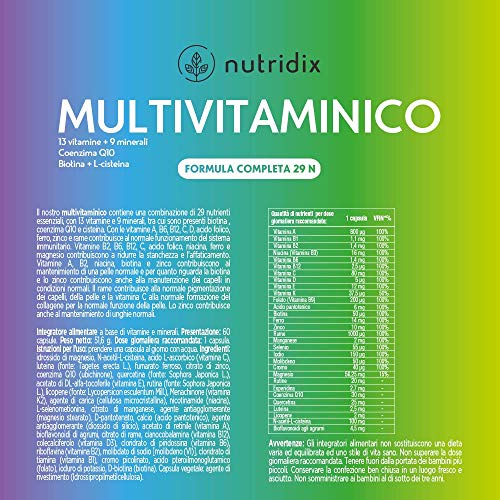 Multivitaminas y Minerales - Complejo Multivitamínico con 29 Nutrientes Esenciales con 13 Vitaminas y 9 Minerales - Energía, Cansancio y Defensas para Hombre y Mujer - 60 cápsulas Nutridix