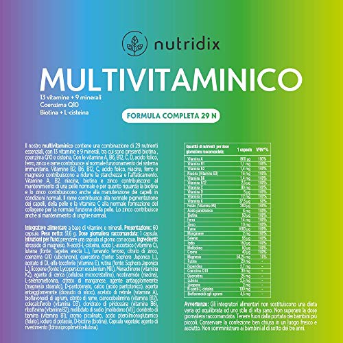 Multivitaminas y Minerales - Complejo Multivitamínico con 29 Nutrientes Esenciales con 13 Vitaminas y 9 Minerales - Energía, Cansancio y Defensas para Hombre y Mujer - 60 cápsulas Nutridix