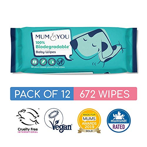 Mum & You Toallitas Húmedas para Bebé 100% Biodegradables, Veganas, Embalaje Reciclable, Paquete de 12, (672 Toallitas) 99,4% Agua, 0% Plástico, Hipoalergénicas y Dermatológicamente Probadas.