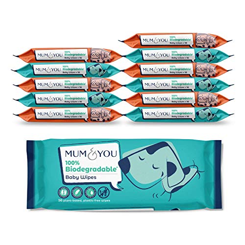 Mum & You Toallitas Húmedas para Bebé 100% Biodegradables, Veganas, Embalaje Reciclable, Paquete de 12, (672 Toallitas) 99,4% Agua, 0% Plástico, Hipoalergénicas y Dermatológicamente Probadas.