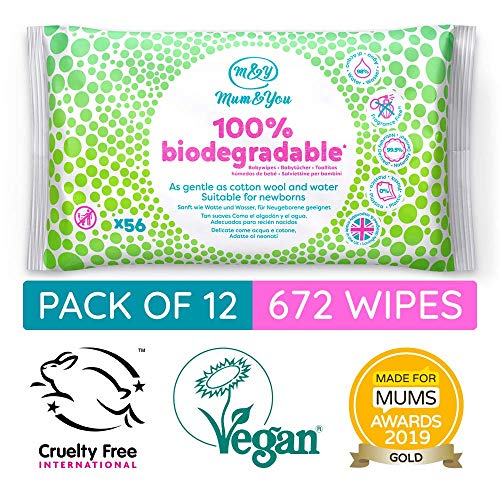 Mum & You Toallitas Húmedas Para Bebés 100% Biodegradables, Paquete De 12, (672 Toallitas En Total). 98% De Agua, 0% De Plástico, Hipoalergénico Y Dermatológicamente Probado