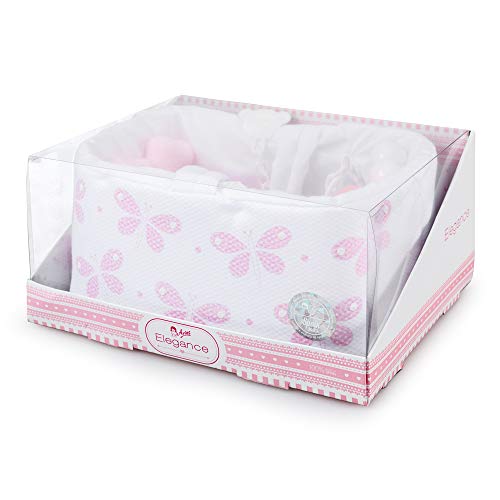 Muñecas Arias - Canastilla Elegance Rosa para Muñeca con Biberón Mágico, Patucos ,Chupete, Pañal, Bote para Gel, Bote para Champú y Esponja (ARI5017), surtido: colores aleatorios