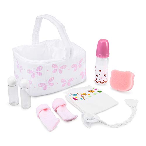 Muñecas Arias - Canastilla Elegance Rosa para Muñeca con Biberón Mágico, Patucos ,Chupete, Pañal, Bote para Gel, Bote para Champú y Esponja (ARI5017), surtido: colores aleatorios