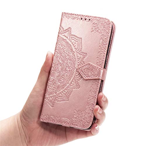 MUSESHOP Funda Xiaomi Redmi Note 7/Note 7 Pro, Estuche de Cuero Estampado Mandala Libro de Cuero con Tapa y Cartera, Carcasa PU Leather con TPU Silicona Case Interna Suave - Oro Rosa