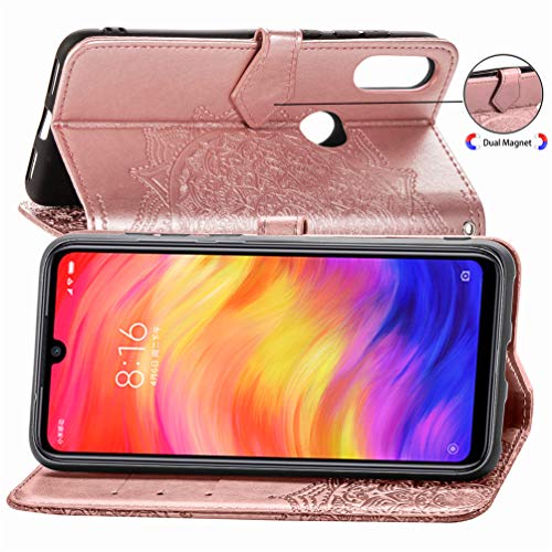 MUSESHOP Funda Xiaomi Redmi Note 7/Note 7 Pro, Estuche de Cuero Estampado Mandala Libro de Cuero con Tapa y Cartera, Carcasa PU Leather con TPU Silicona Case Interna Suave - Oro Rosa