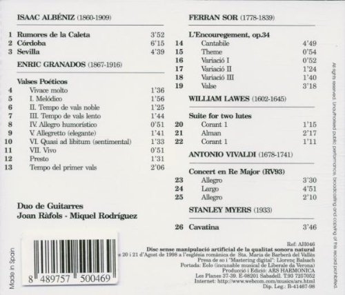 Musica per a dues guitarres Recuerdos de viaje op 71 (1887) n.8 Rumores de la Cantos de espana op 232 (1896) n.4 Cordoba Suite espanola n.1 op 47 (1886) n.3 Sevilla Valses poeticos (1887) n.1 > n.7