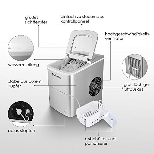 MVPower Máquina para Hacer Hielo,Silenciosa, Máquina de Hielo de 2 Medidas, Capacidad 12 kg, Ciclo de producción de 6-13 Minutos, 95 W depósito de Agua de 2 L, sin BPA o PFOA