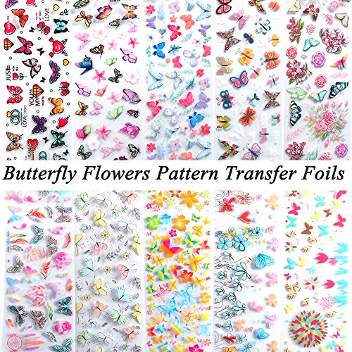 Mwoot 10 Diseños Flower Butterfly Nail Art Foil Sticker, Pegatina Calcomanías Uñas Transferencia Cielo Estrellado Herramienta para Decoración de Uñas Manicura DIY