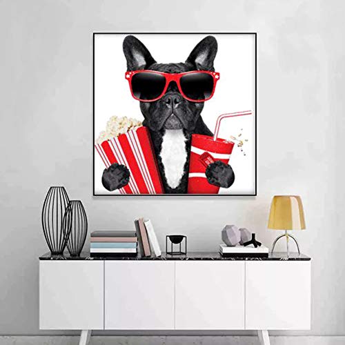 MXJSUA DIY 5D Diamond Painting Kit de Taladro Redondo Completo Rhinestone Picture Art Craft para decoración de la Pared del hogar 30x30 cm Bulldog Negro con Palomitas de maíz y Cola