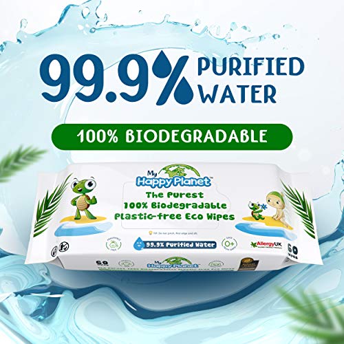 My Happy Planet Toallitas húmedas para bebés 100% biodegradables, sin plástico - 99.9% de agua purificada - sin alcohol - Ecológico - Vegano - Compostable ((12 paquetes, 720 toallitas))