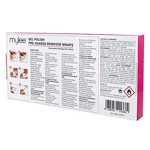Mylee Removedor de Esmalte de Gel Profesional Almohadillas de Acetona Previamente Empapadas y Envolturas de Aluminio para Manicura y Pedicura, Limpiador de Decoración de Uñas - (100 toallitas)