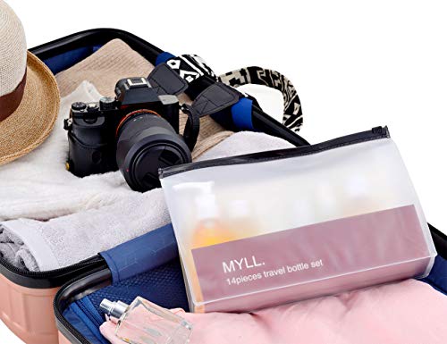 MYLL 14 Piezas Botes para Viaje Vacios (MAX.100ml) Rellenables Set Botellas de Plástico, Kit Viaje Avion para Champu, Cosmetica