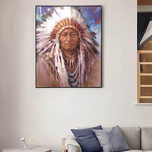 N / A Mujer India Natural Americana Arte de la Pared Lienzo Mural decoración Pintura Cuadros Mujer con Pluma Lienzo Pintura sin Marco Pintura Decorativa Z12 70x100cm