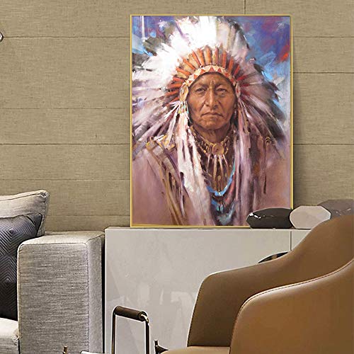 N / A Mujer India Natural Americana Arte de la Pared Lienzo Mural decoración Pintura Cuadros Mujer con Pluma Lienzo Pintura sin Marco Pintura Decorativa Z12 70x100cm