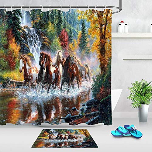 N / A Mustang Pine Forest River Waterfall Cortina de Ducha de Tela Impermeable Familia Cortina de Ducha Decorativa Impermeable y a Prueba de Moho A131 180x200cm