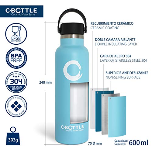 N C-Bottle Botella Agua Acero Inoxidable 600ml con Recubrimiento Interior Cerámico, Libre de BPA y Malos Sabores, Botella Termica Resistente y Ligera, Eco-Friendly