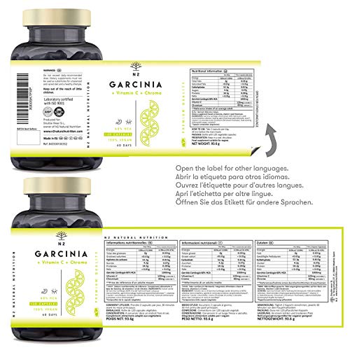 N2 Natural Nutrition Garcinia Cambogia Vitamina C-Cromo. Quemagrasas Natural Termogénico Inhibidor del apetito Adelgazante Metaboliza grasas-1150mg HCA 60% Certificado Vegano CE 120 Capsulas Vegetales