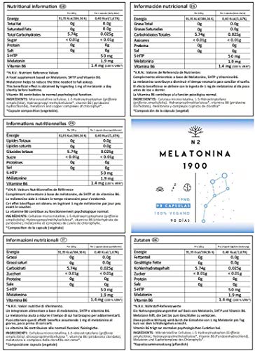N2 Natural Nutrition Melatonina Pura 1,9 mg, 5HTP Griffonia, Vitamina B6 - 90 Cápsulas