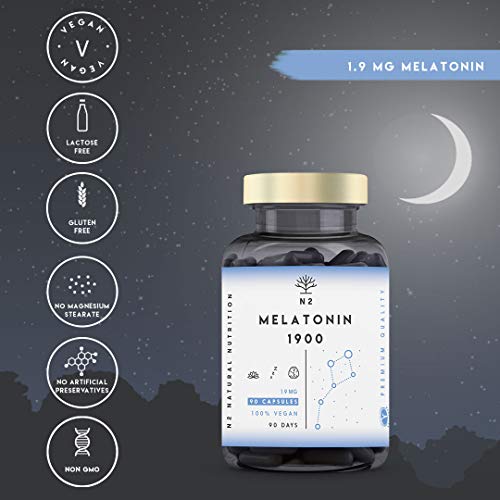 N2 Natural Nutrition Melatonina Pura 1,9 mg, 5HTP Griffonia, Vitamina B6 - 90 Cápsulas