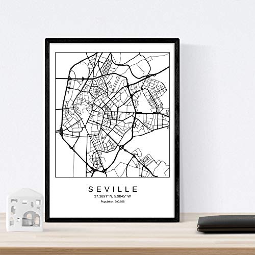 Nacnic Lámina Mapa de la Ciudad Sevilla Estilo nordico en Blanco y Negro. Poster tamaño A3 Enmarcado con Marco Negro Impreso Papel 250 gr. Cuadros, láminas y Posters para Salon y Dormitorio