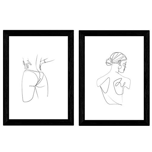 Nacnic Set de 2 láminas de Dibujos con un Solo Trazo Mujer de Espaldas y Trasero Femenino. Posters con una Sola Linea. Tamaño A4 sin Marco