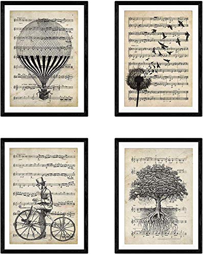Nacnic Set de 4 láminas para enmarcar con partituras. Tamaño A4. Sin Marco