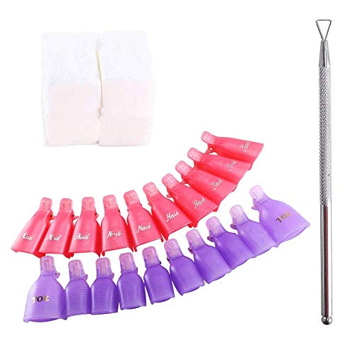 NACTECH 20pcs Clip de Removedor de Esmaltes Clip de Uñas de Plastico Y 400pcs Almohadillas de Algodón Nail Wipe con 1pcs Cutículas Herramienta Clips Uñas Quitar Uñas Permanentes Rosa y Morado