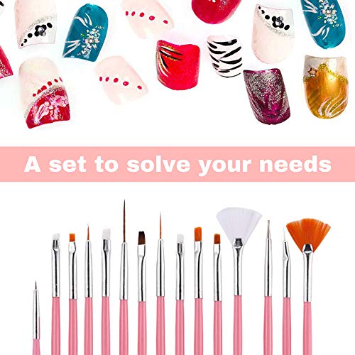 Nail Art Brush,Nail Art Pintura Dibujo línea Herramienta, 15 Pcs Decoración de Uñas Diseño, Pinceles Pintauñas UV Gel Juego de Herramientaspara Decoración de Uñas, Juego de Color Rosa