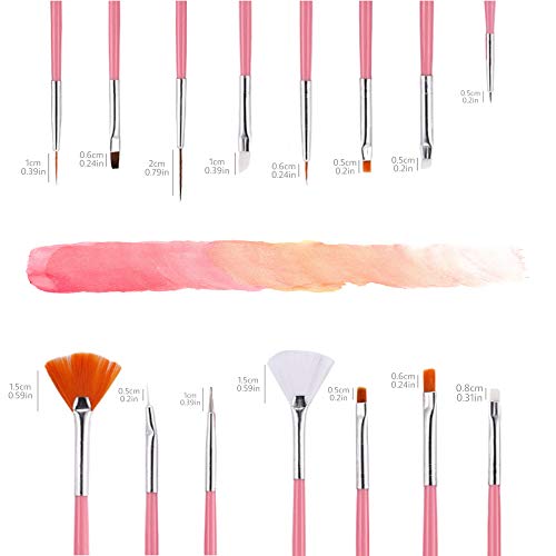 Nail Art Brush,Nail Art Pintura Dibujo línea Herramienta, 15 Pcs Decoración de Uñas Diseño, Pinceles Pintauñas UV Gel Juego de Herramientaspara Decoración de Uñas, Juego de Color Rosa