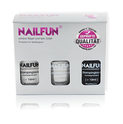 NAILFUN Kit de 3 Esmaltes para Estampar 10 ml - Negro, Plateado y Blanco