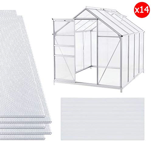 NAIZY - 14 placas alveolares de cámaras huecas de policarbonato, 4 mm de diámetro, 10,25 m2, placa de doble puente para invernadero, placas de repuesto (60,5 x 121 cm), transparente