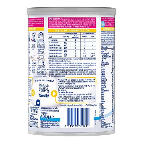 NAN AL110 - Tratamiento dietético de lactantes y niños con intolerancia a la lactosa, frecuentemente asociada a trastornos diarreicos, 400 g