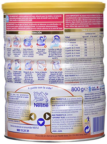 Nan Transit A.E; alimento en Polvo para Lactantes con Estreñimiento - Fórmula para Bebé - Desde el Primer Día - 800 gr