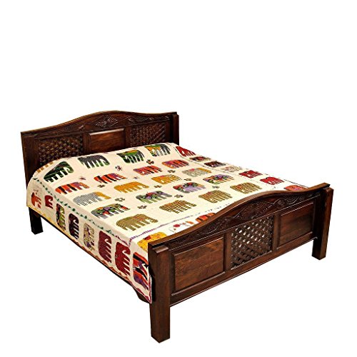 NANDNANDINI- Hermosa colcha Amarosi para cama o cama de matrimonio blanco de 90 pies x 60 pies de algodón Kantha/apliques hechos a mano en Jaipur India (1, Twin)