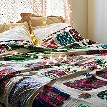 NANDNANDINI- Hermosa colcha Amarosi para cama o cama de matrimonio blanco de 90 pies x 60 pies de algodón Kantha/apliques hechos a mano en Jaipur India (1, Twin)