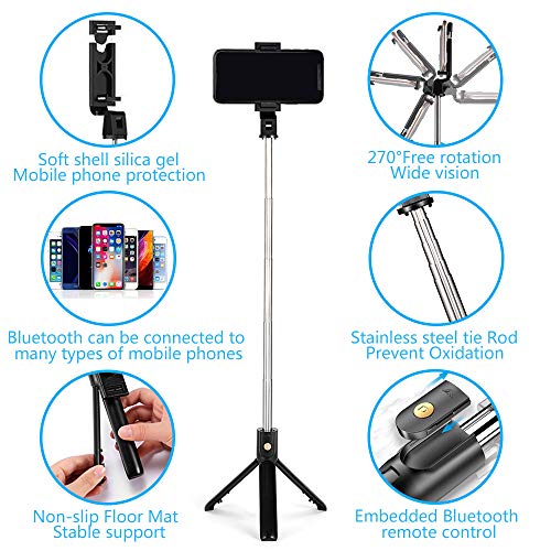 Naohiro Palo Selfie Trípode，mini 3 en 1 palo selfie，selfie stick expandible, con control remoto Bluetooth, adecuado para iPhone, Android, Samsung y otros teléfonos inteligentes de 4.7-6 pulgadas