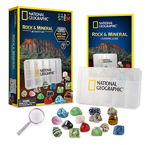 NATIONAL GEOGRAPHIC Rocks and Minerals Education Set - Kit de iniciación de 15 piezas con ojo de tigre, cuarzo rosa, jaspe rojo y más, vitrina y guía de identificación