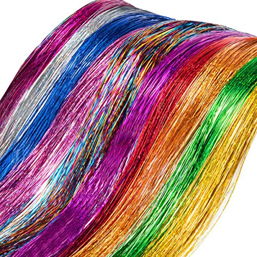 NATUCE 4800 Piezas Pelo de Oropel, 12 Colores 120CM Hilos de Extensión de Pelo Brillante, Cabello Oropel, Kit de Extensión de Pelo, Extensión de Cabello de Oropel Brillante para Niñas Mujeres