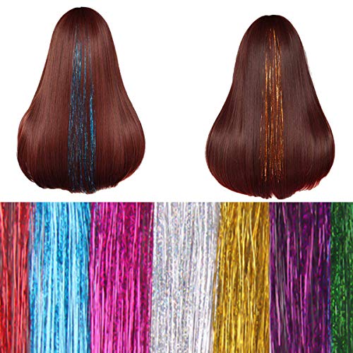 NATUCE 4800 Piezas Pelo de Oropel, 12 Colores 120CM Hilos de Extensión de Pelo Brillante, Cabello Oropel, Kit de Extensión de Pelo, Extensión de Cabello de Oropel Brillante para Niñas Mujeres