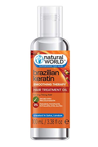 Natural World - Terapia de alisado de queratina brasileña, aceite para el cabello seco y crespo de queratina, 100 ml