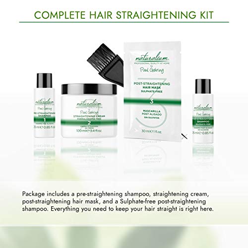 Naturalium Kit Alisado Brasileño - Set Alisador de Pelo de Mujer con Champú Pre Alisado 25 ml + Crema Alisadora 100 ml + Champú Post Alisado 25 ml + Mascarilla Post Alisado 30 ml + Cepillo
