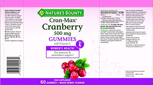 Nature's Bounty Cran-Max® Arándano Rojo 500 mg Gummies. Extracto d - 60 unidadese 500 mg del fruto entero de arándano rojo, con vitamina C, que refuerza el sistema inmunitario. Antioxidante