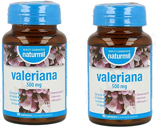 Naturmil Valeriana 180 comprimidos 500 mg pack (90+90), sin azúcar, sin lactosa, sin gluten, sin soja, apto para veganos, formulado sin el uso de conservantes