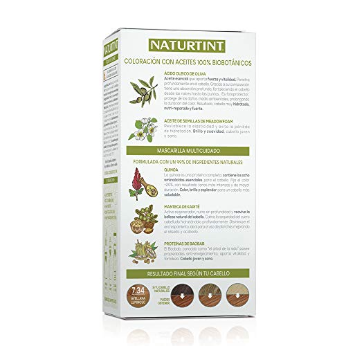Naturtint Coloración 7.34 Avellana Luminoso, 100% Cobertura de canas y Hidratación, Ingredientes Vegetales y Aceites 100% Biobotánicos, Color Natural y Duradero, Sin Amoniaco, Pack de 3.