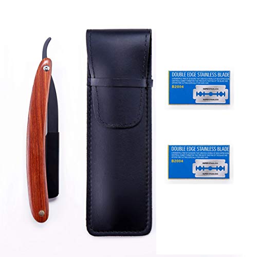 Navaja Afeitar Barbero + 20 Cuchillas de Acero Inoxidable,HTBAKOI Navajas de Barbero Hombre Profesional con Mango de Madera Palisandro [Funda de Cuero Incluida]