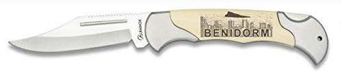 Navaja con Grabado de BENIDORM Mango de Aluminio y Hoja de Acero INOX inoxidable de 8 cm para Camping, Caza, Pesca, Supervivencia y Bushcraft Albainox 19661GR558 + Portabotellas de regalo